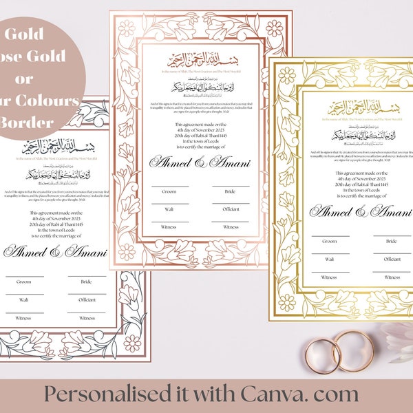 Islamic Wedding Elegance: Personalized A4 Nikkah Certificate & Contract – Cherish Your Unique Muslim Marriage | Digital Download