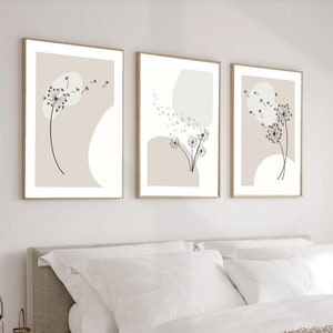 Neutral botanical wall prints for beige living room | dandelion wall art | 3 dandelion prints for nursery | modern beige living room art