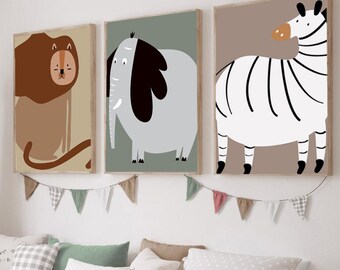 Safari Nursery Wall Art Set for fun Kids Room | Neutral Animal Prints for Baby Boy Nursery | Jungle Theme Wall Art Gift Printed and shipped