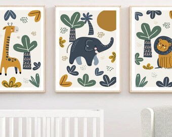 Safari Jungle Nursery Art | Giraffe, Elephant and Lion Wall Prints | Baby Room Animal Wall Art | Gender-Neutral baby room | Set of 3 Prints