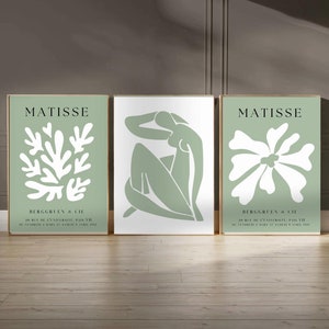 Set of 3 Matisse Exhibition Posters | Matisse Flowers | Sage Green Wall Art | Abstract Gallery Wall Set | Museum Poster | Sage Green Print