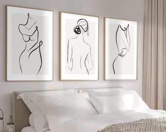 Minimalist wall art | set of 3 woman prints | one line art women | boho art for beige living room | beige modern art printed and shipped