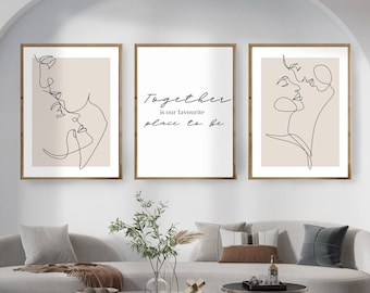 Beige wall prints for bedroom | neutral wall art | couple line art | set of 3 love prints | beige living room art | printed and shipped