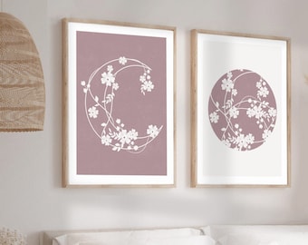 Set of 2 Moon and Sun Star Prints in Blush Pink, Sun and Moon Art with Flowers, Abstract Wall Print, Boho Dorm art, Blush Pink Above Bed Art