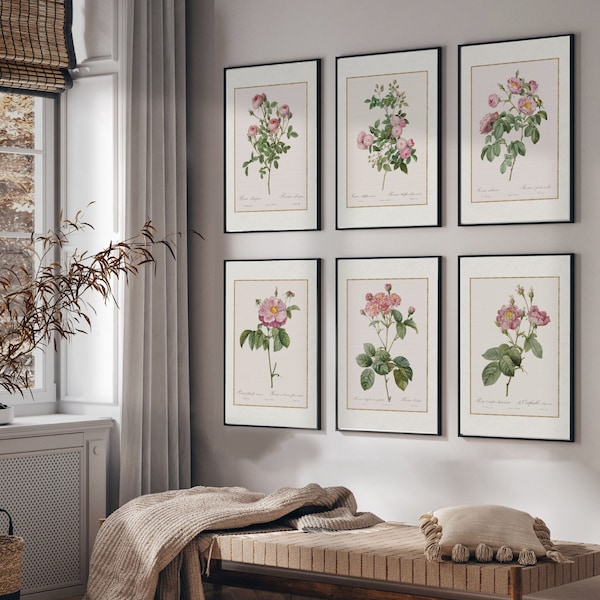 Galerie murale élégante avec des roses vintage | ensemble d'art pour salon rustique | art botanique pour ferme moderne | imprimé et expédié