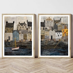 Muted Coastal Scene Prints | Seaside cottages and sailing boat | patchwork wall artwork | Seascape art | Nautical artwork coastal farmhouse