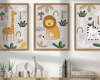 Boho Nursery Wall Art | Set of 3 Safari Nursery Prints | Green Nursery Prints | Neutral Gray Nursery Art | Nursery Decor |  Printable art