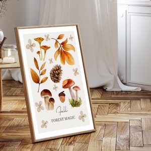 Watercolor Mushroom Wall Art | Autumn Forest Digital Print | Cottagecore Woodland Decor for Living Room or Kitchen | Fall Farmhouse wall art