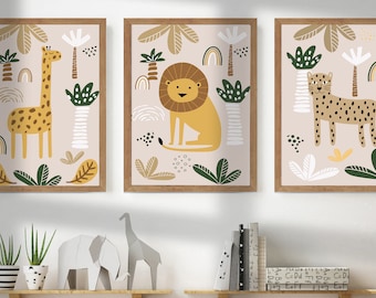 Boho Nursery Safari wall art | Green and Blue Nursery Prints | Cute Nursery Art | nursery decor | set of 3 prints | printable safari animals