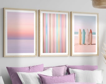 Coastal wall art set of 3, bohemian beach prints, beach sunset art, pastel beach photos, pastel surf art, bedroom decor, printed and shipped
