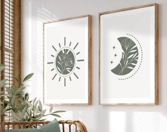 Conjunto de 2 impresiones de sol y luna verdes, estilo bohemio moderno, arte abstracto de luna y flores, arte bohemio.