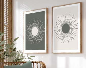 Conjunto de 2 estampados de sol boho en verde salvia, estampado de sol geométrico, sol abstracto boho moderno, arte de pared de vivero