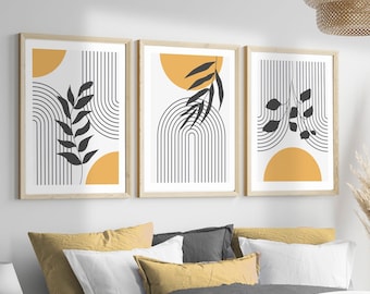 Bohemian wall prints, bohemian wall art, mid century modern wall decor, set of 3 wall prints, yellow and gray wall art, modern rainbow