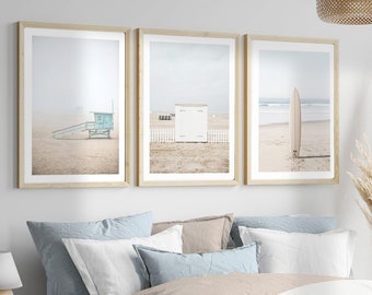 Coastal Wall Set, Modern Beach Prints, Neutral Beach Art, Pastel Beach Photos, Muted Beach Art, Surfboard Art, Ocean Coastline, Beach Poster