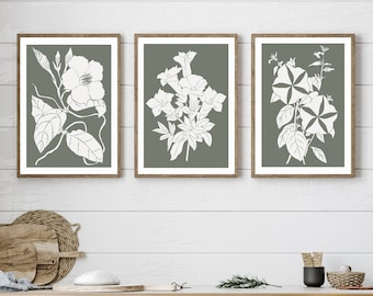 Sage green botanical art, set of 3 floral prints, boho gallery wall art, farmhouse wall decor, wildflower wall art, botanical minimalist art