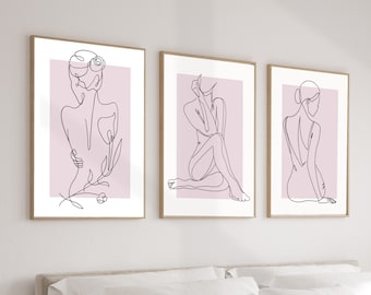 Set of 3 Female Silhouette Art Prints | Female line drawing | woman body art | female line art | candy pink boho posters | bohemian wall art