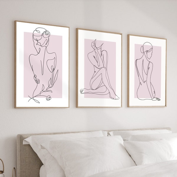 Set of 3 Female Silhouette Art Prints | Female line drawing | woman body art | female line art | candy pink boho posters | bohemian wall art