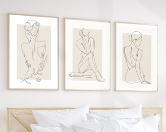 Dibujo lineal de mujer, arte femenino minimalista neutro, dibujos impresos y enviados, arte mural femenino, arte mural de dormitorio beige