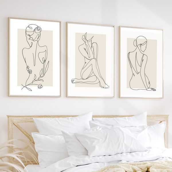 Dessin au trait femme, art féminin neutre minimaliste, dessins imprimé et expédié, art mural féminin, art mural de chambre à coucher beige
