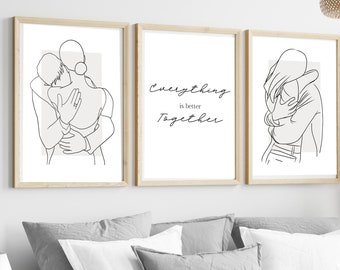 Line Drawing of Couples Hugging | Valentine’s Day Gift Print | Intimate Black and White Wall Art for Lovers | above the bed love art