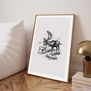 Vintage Weihnachts-Rentier-Skizzenkunst | Winter-Bauernhaus-Feriendekor | Digitaldruckbar | Neutraler Winter-Cottage-Druck