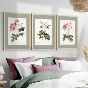 White and lilac vintage roses on sage green background | Set of Vintage Roses | botanical art gallery for farmhouse | printed and shipped
