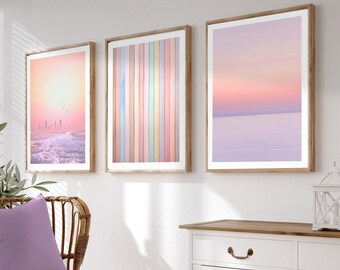 Coastal wall art set of 3, bohemian beach prints, beach sunset art, pastel beach photos, pink beach art, bedroom decor, printed and shipped