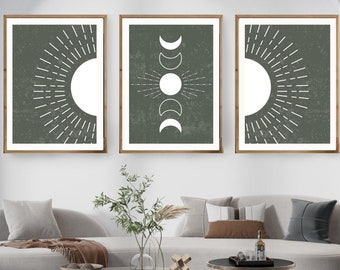 Conjunto de 3 estampados boho de sol y luna, arte de pared verde salvia sobre la cama, luna y sol minimalistas, arte del dormitorio