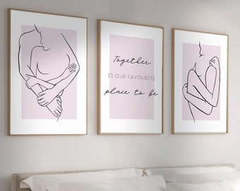 Purple bedroom wall prints | minimalist couple art | couple quote | Set of 3 Hugging couple Prints | love line art | gift for a couple
