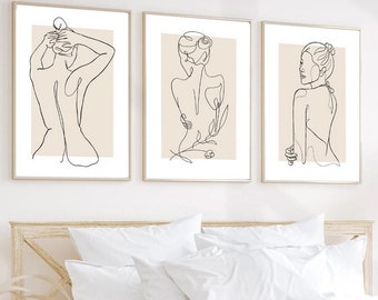 Dibujo lineal de mujer | Arte minimalista de mujer neutra | Dibujos impresos y enviados | Arte de mujer beige | Arte de pared beige para dormitorio
