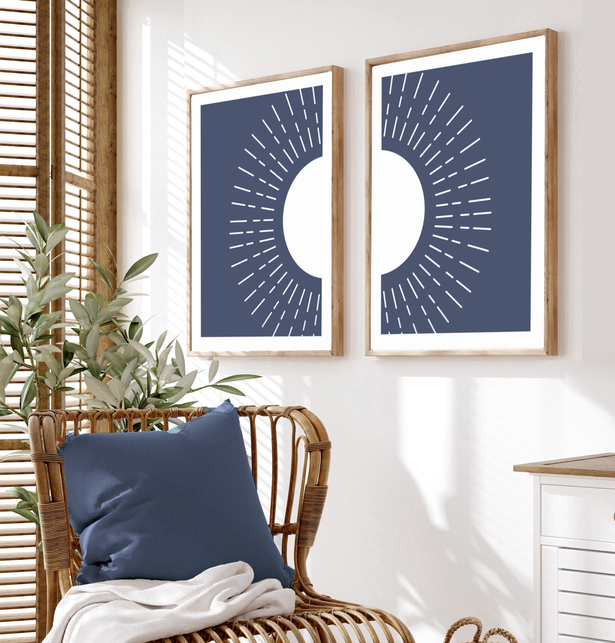 Set of 2 Navy Blue Boho Sun Print, Geometric Sun Print, Mid Century Modern Art, Bohemian Blue ...