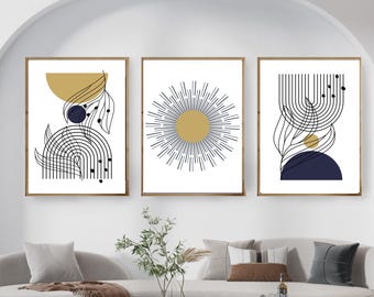 Minimalistische zonnekunstprints | Mid-century Bohemian geometrische zonposters | Gouden kunst op de zon