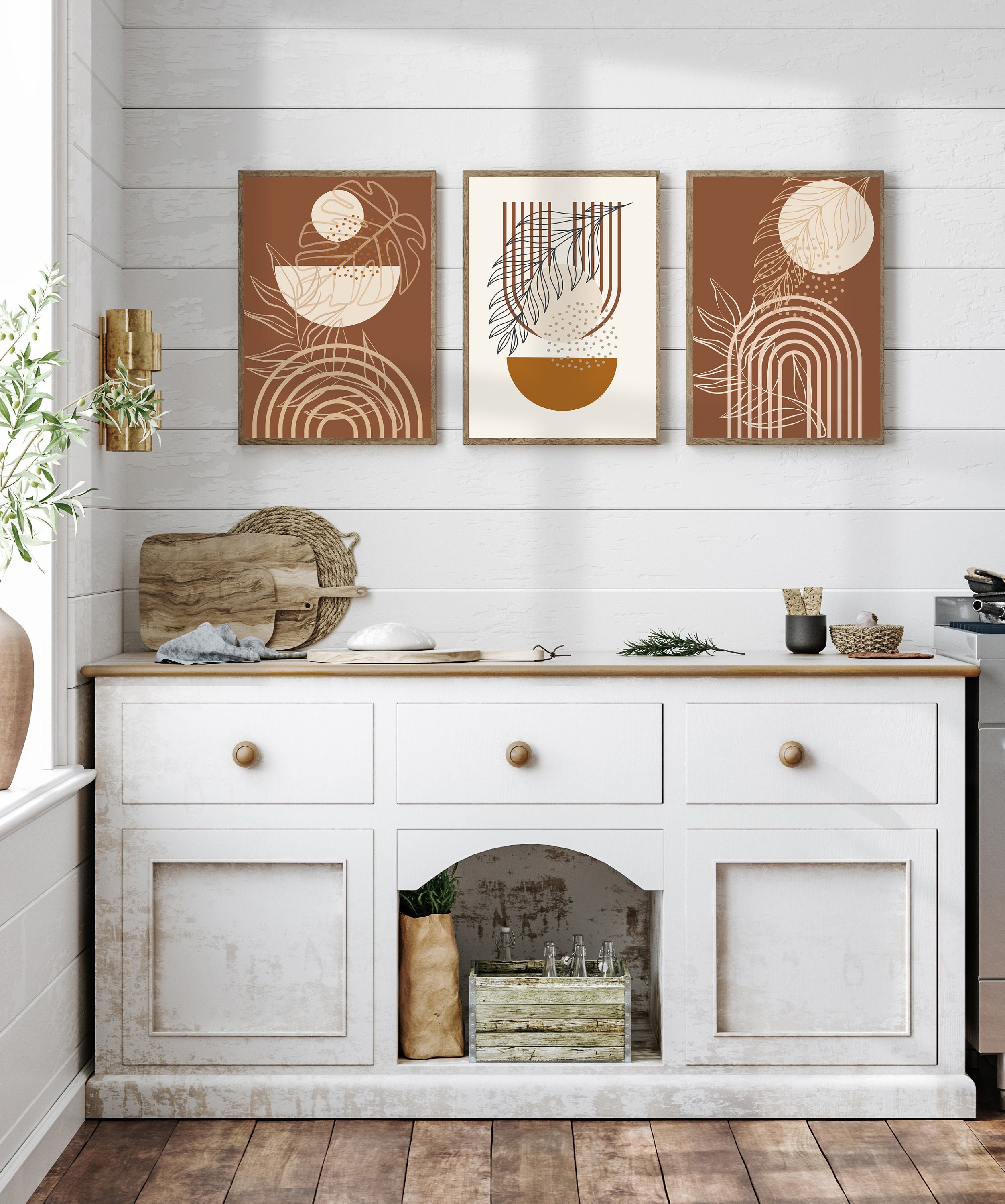 Décoration Murale Abstraite Bohème 3D (40,6 X 81,3 Cm) - Soleil Lune Bois Beige - Art Minimaliste Pour Salon
