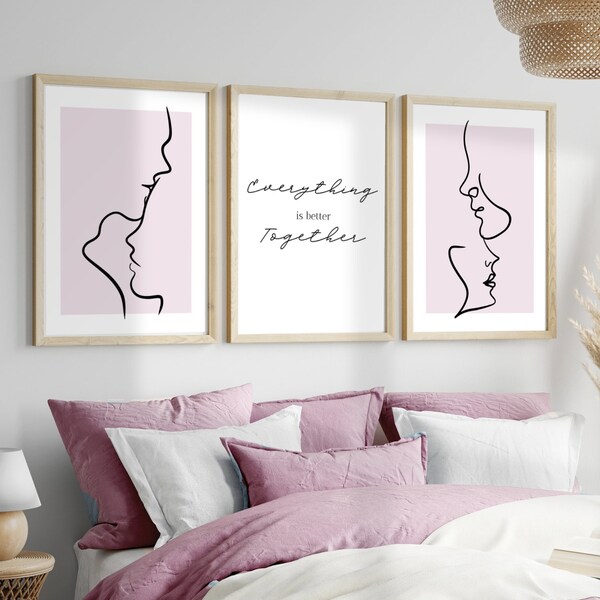 Art rose poudré pour chambre à coucher | art rose bonbon au dessus de lit | baiser art de ligne | 3 impressions d'amour pour salon moderne