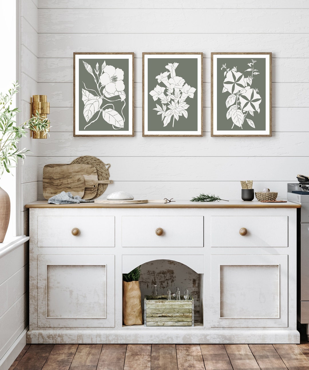 Sage Green Botanical Art, Set of 3 Floral Prints, Boho Gallery Wall Art ...