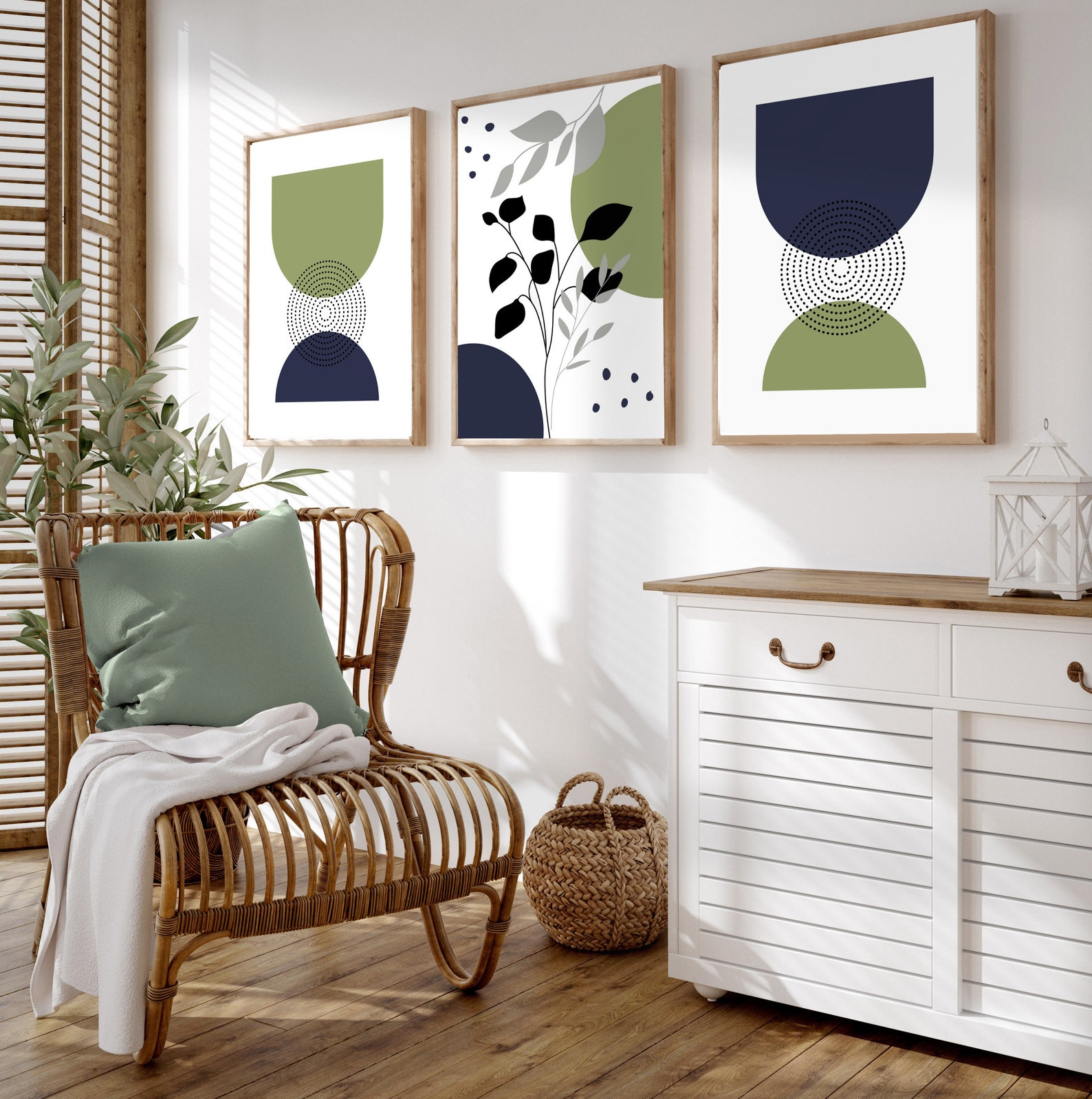Set of 3 Mid-century Modern Botanical Art Prints in Navy Blue and Green ...