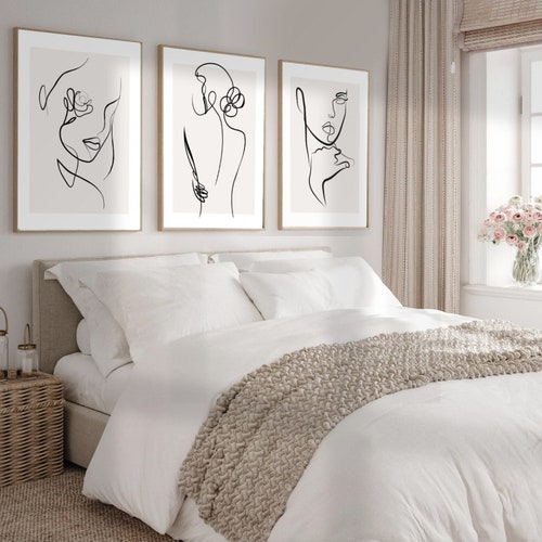 Ensemble de 3 impressions de  femmesen art de ligne | art boho pour salon beige | art moderne beige | Art murale de femme imprimé et expédié
