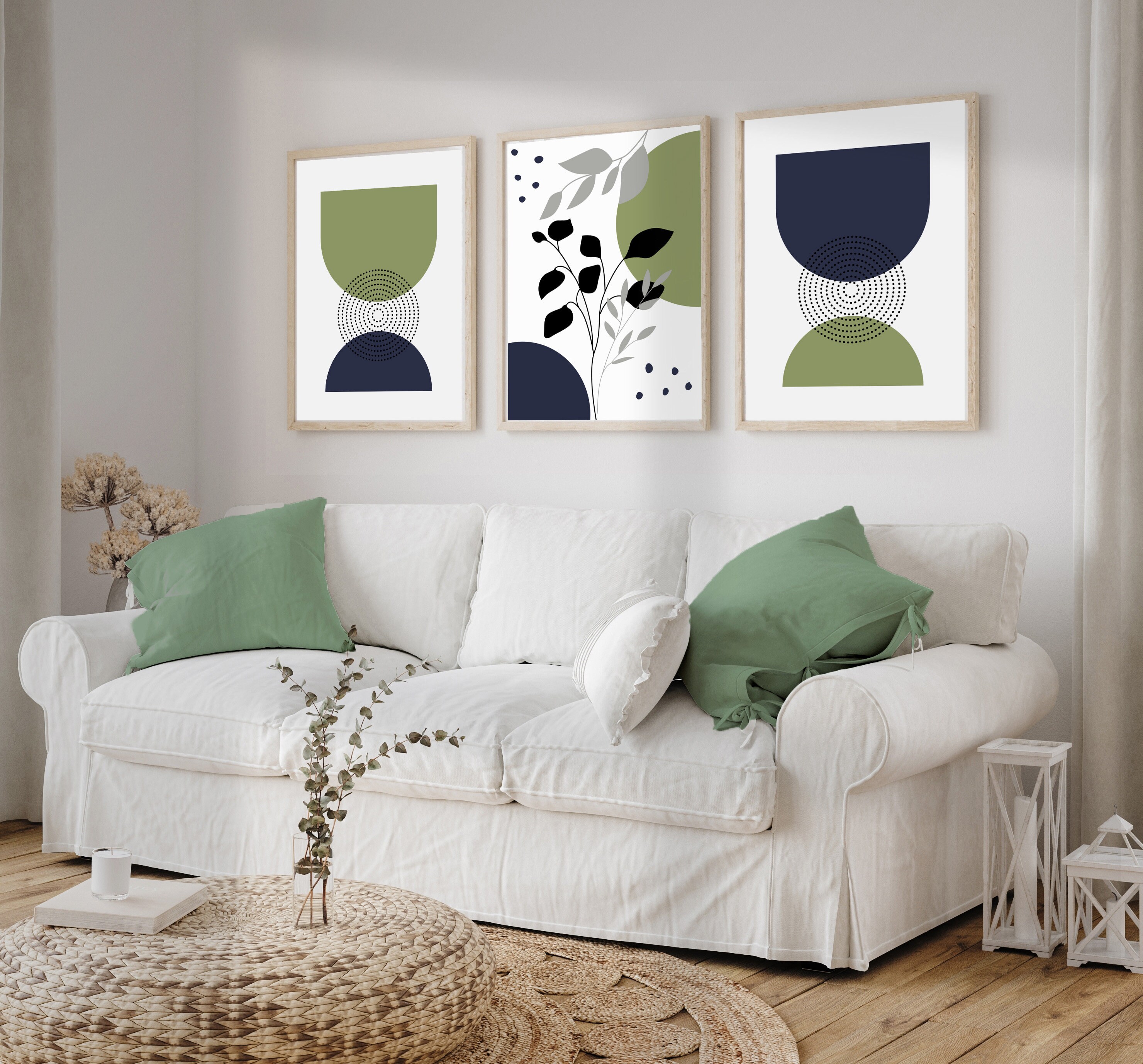 Set of 3 Mid-century Modern Botanical Art Prints in Navy Blue and Green ...