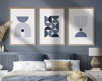 Decoración de pared geométrica azul moderna | Impresión abstracta minimalista para sala de estar | arte contemporáneo con formas azules | Decoración escandinava