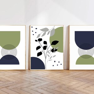 Set of 3 Mid-century Modern Botanical Art Prints in Navy Blue and Green ...