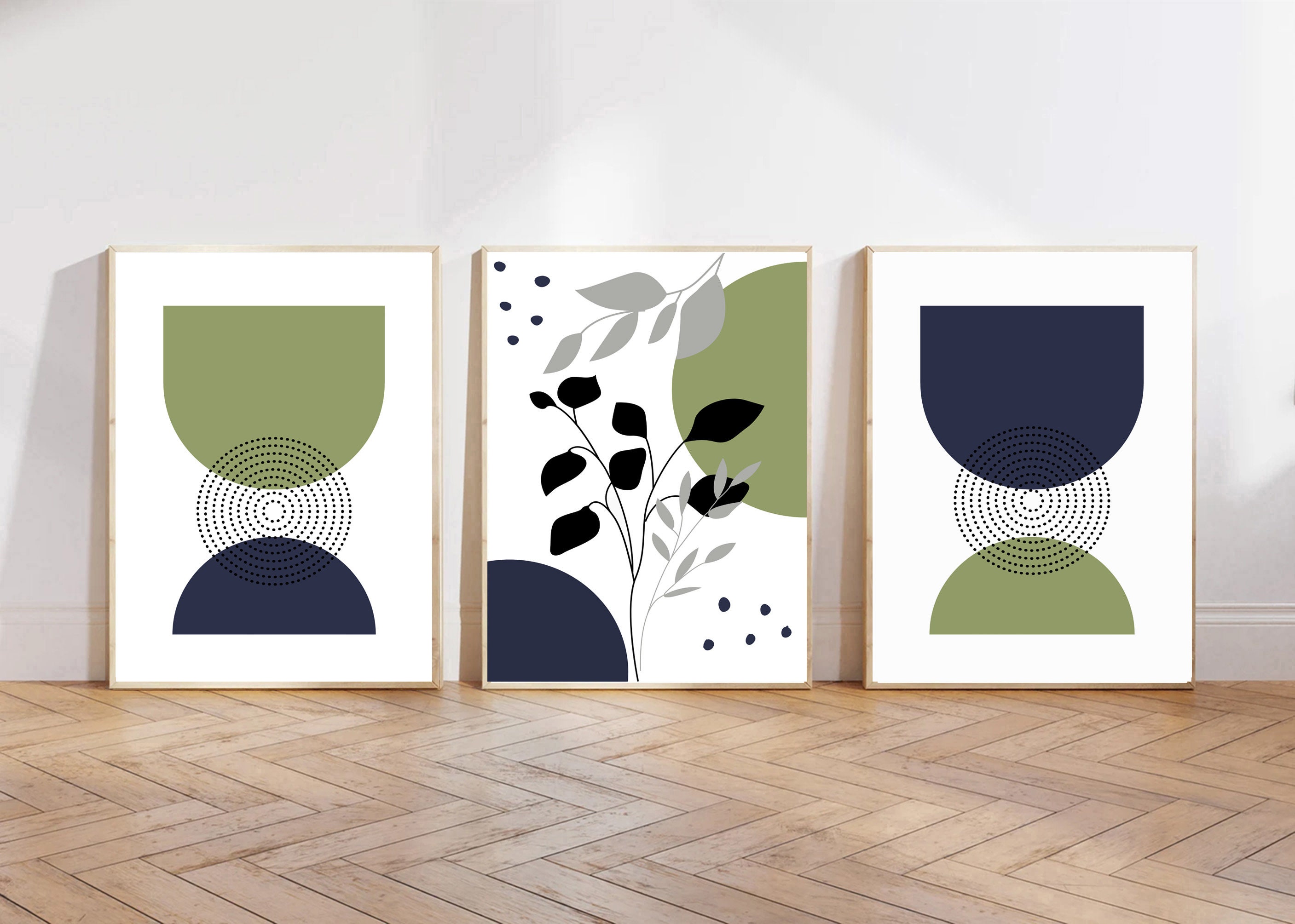 Set of 3 Mid-century Modern Botanical Art Prints in Navy Blue and Green ...