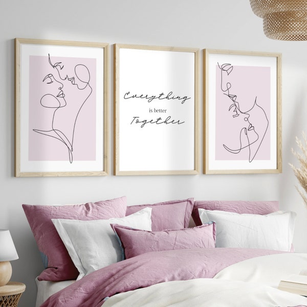 Impressions murales rose poudré pour chambre à coucher | art au dessus de lit | art de ligne de baiser de couple | 3 impressions d'amour
