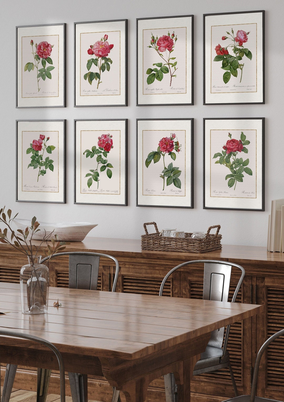 Wall Gallery of Eight Vintage Roses | Antique Minimalist Red Rose Art ...