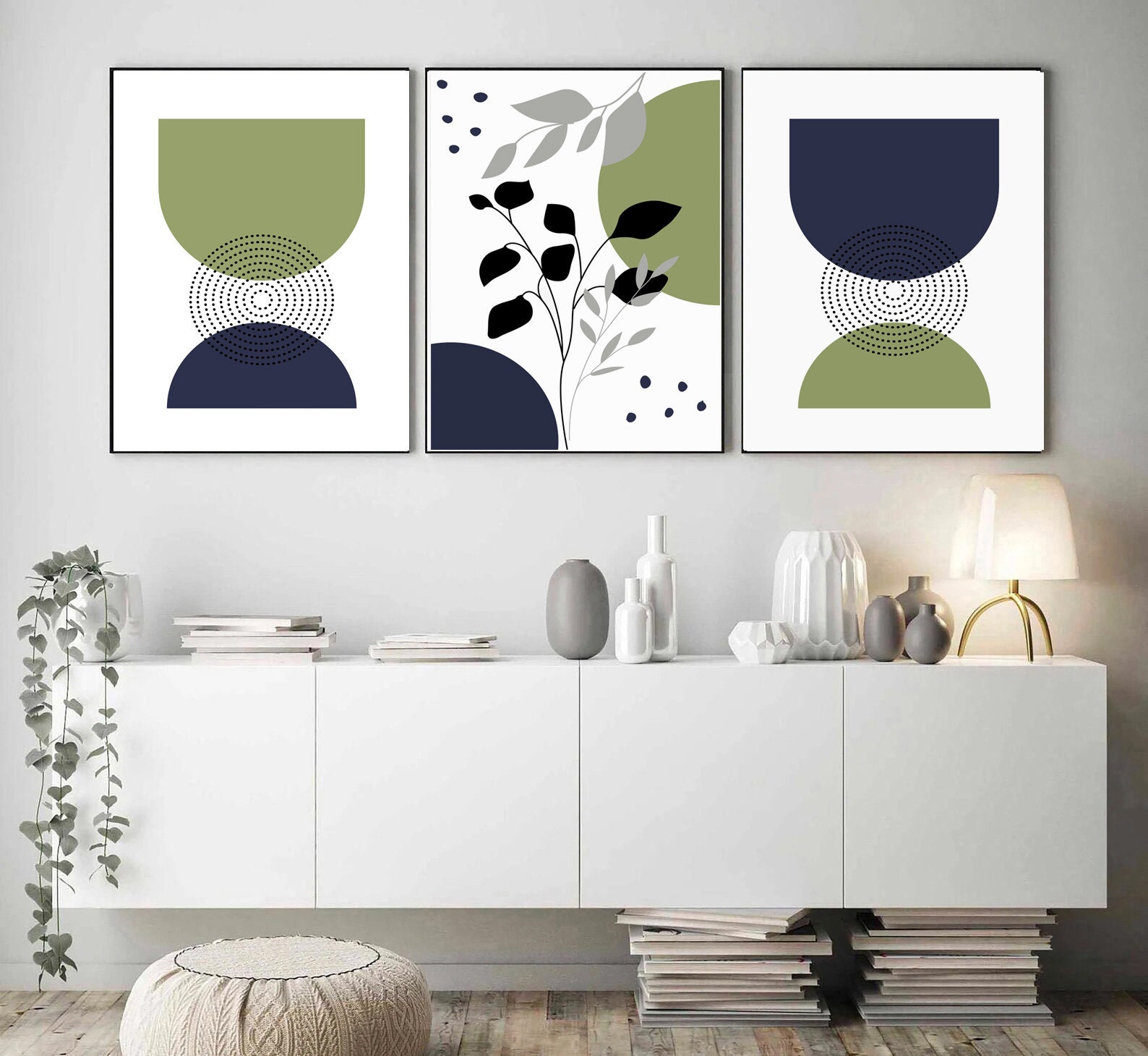 Set of 3 Mid-century Modern Botanical Art Prints in Navy Blue and Green ...