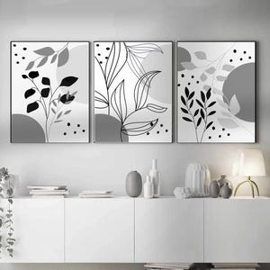 Set di decorazioni murali in bianco e nero | Arte minimalista grigia stampata e spedita | Decorazioni botaniche boho | Set di 3 poster astratti