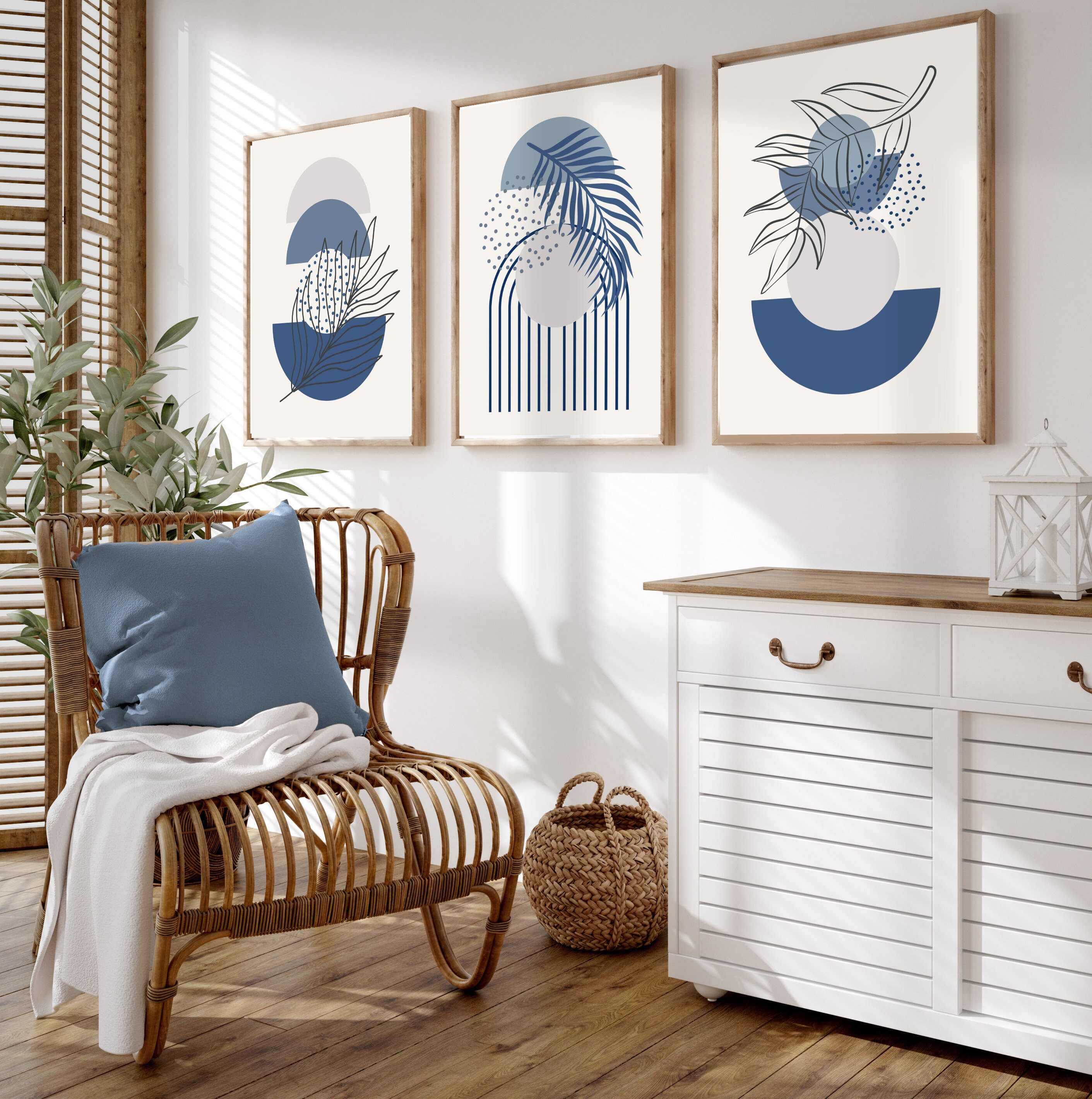 Mid Century Modern Wall Art Set of 3 Prints, Abstract Decor in Blue for ...