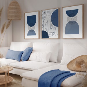 Set of 3 Botanical Mid-century Modern Art Prints in Navy Blue | Boho ...