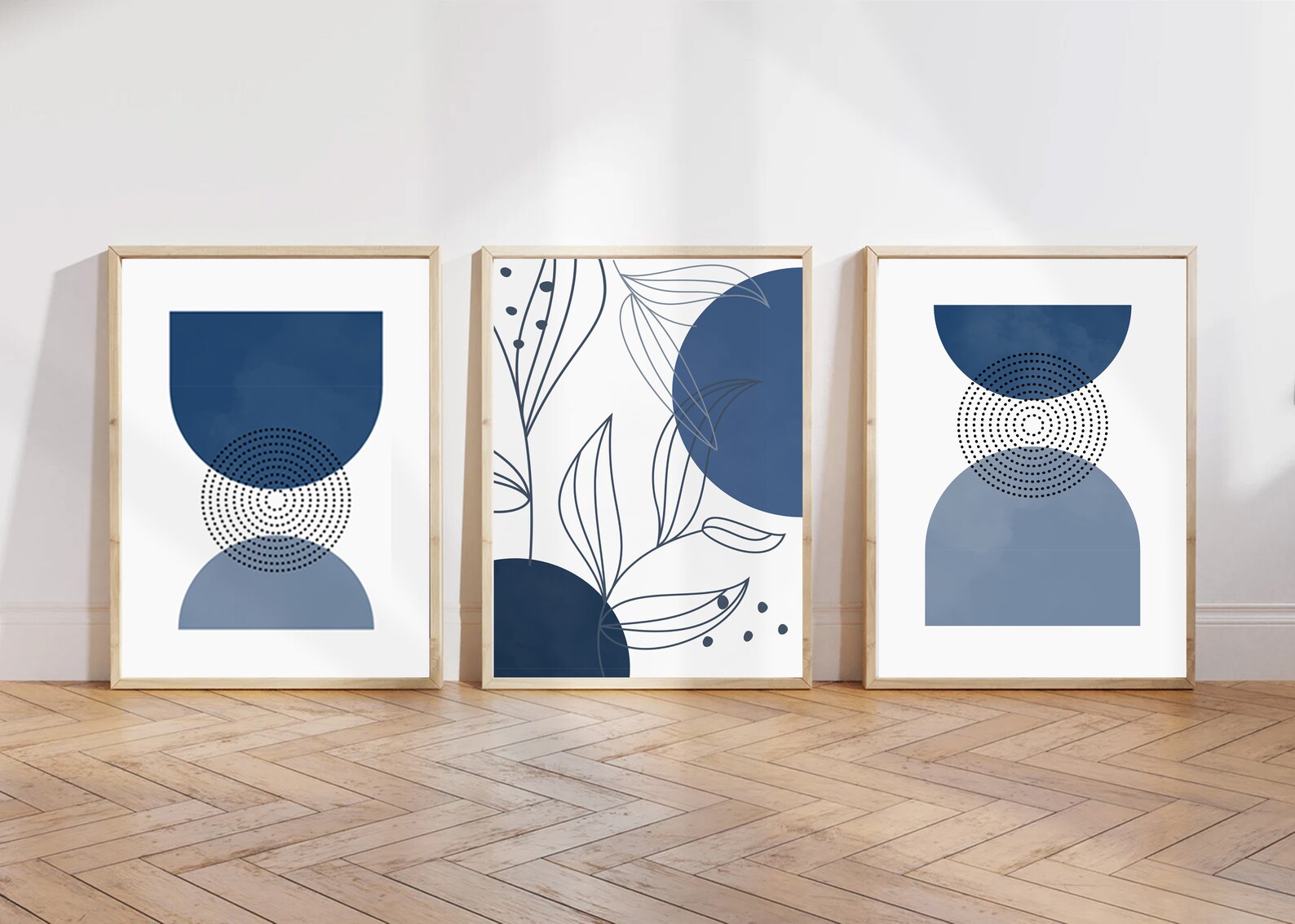 Set of 3 Botanical Mid-century Modern Art Prints in Navy Blue | Boho ...