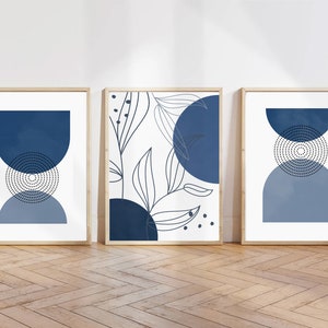 Set of 3 Botanical Mid-century Modern Art Prints in Navy Blue | Boho ...