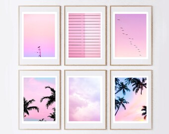 Set of 6 blush pink wall art prints | pastel sky gallery wall | pink palm tree art | pastel pink wall art | girl's room decor | digital art